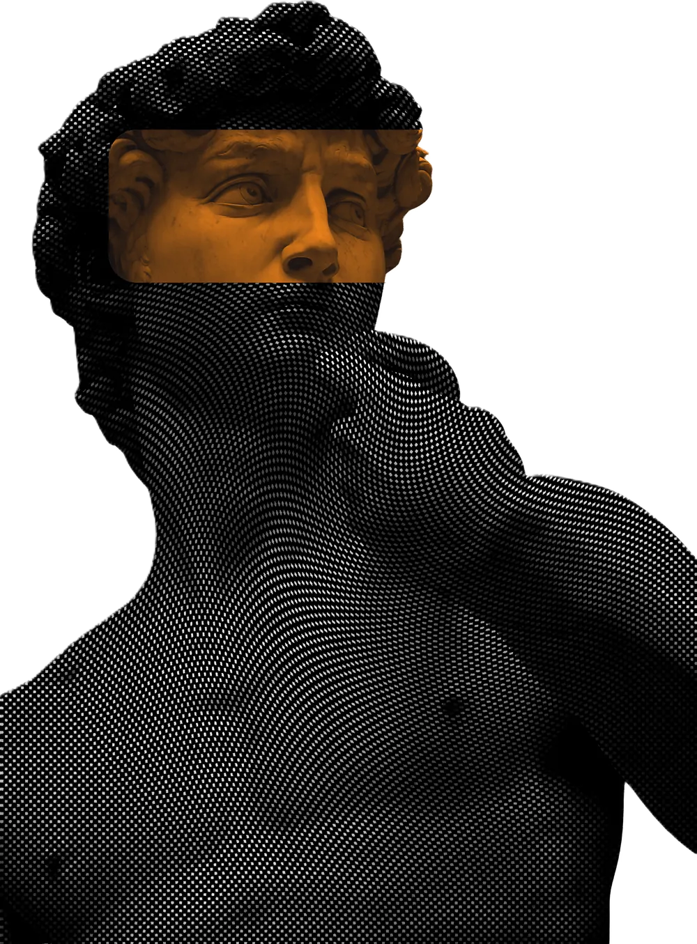 Busto del David tramado en puntos, con una franja naranja sobre los ojos